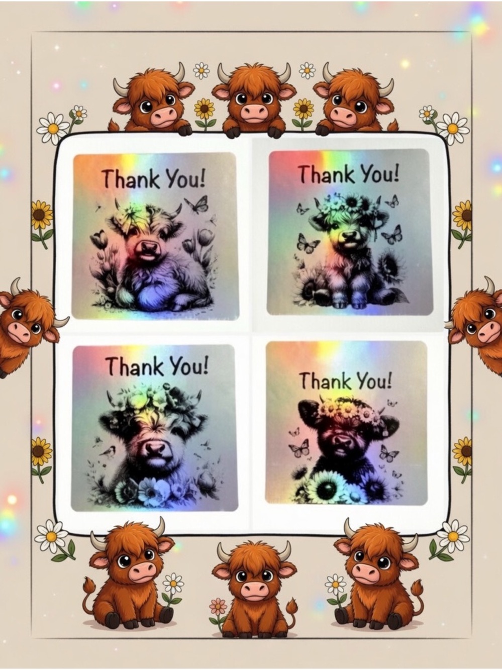 Highland Cow Thank You Stickers Set of 100